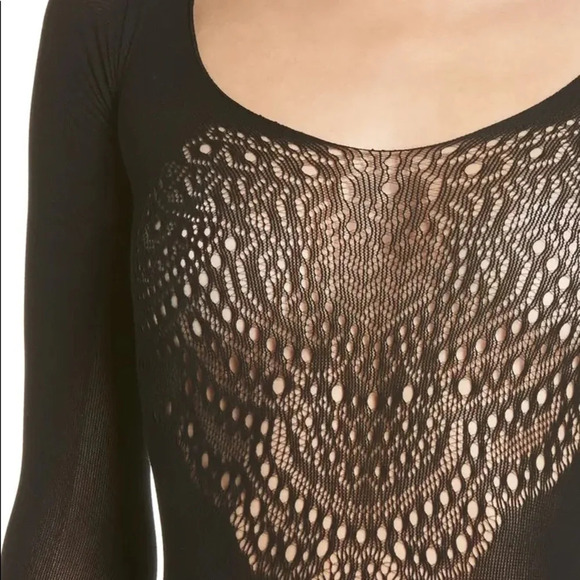 Black Lace Mesh Long-Sleeve Sexy Bodysuit with Open Back Thong Stretchy NEW O/S - Picture 4 of 4